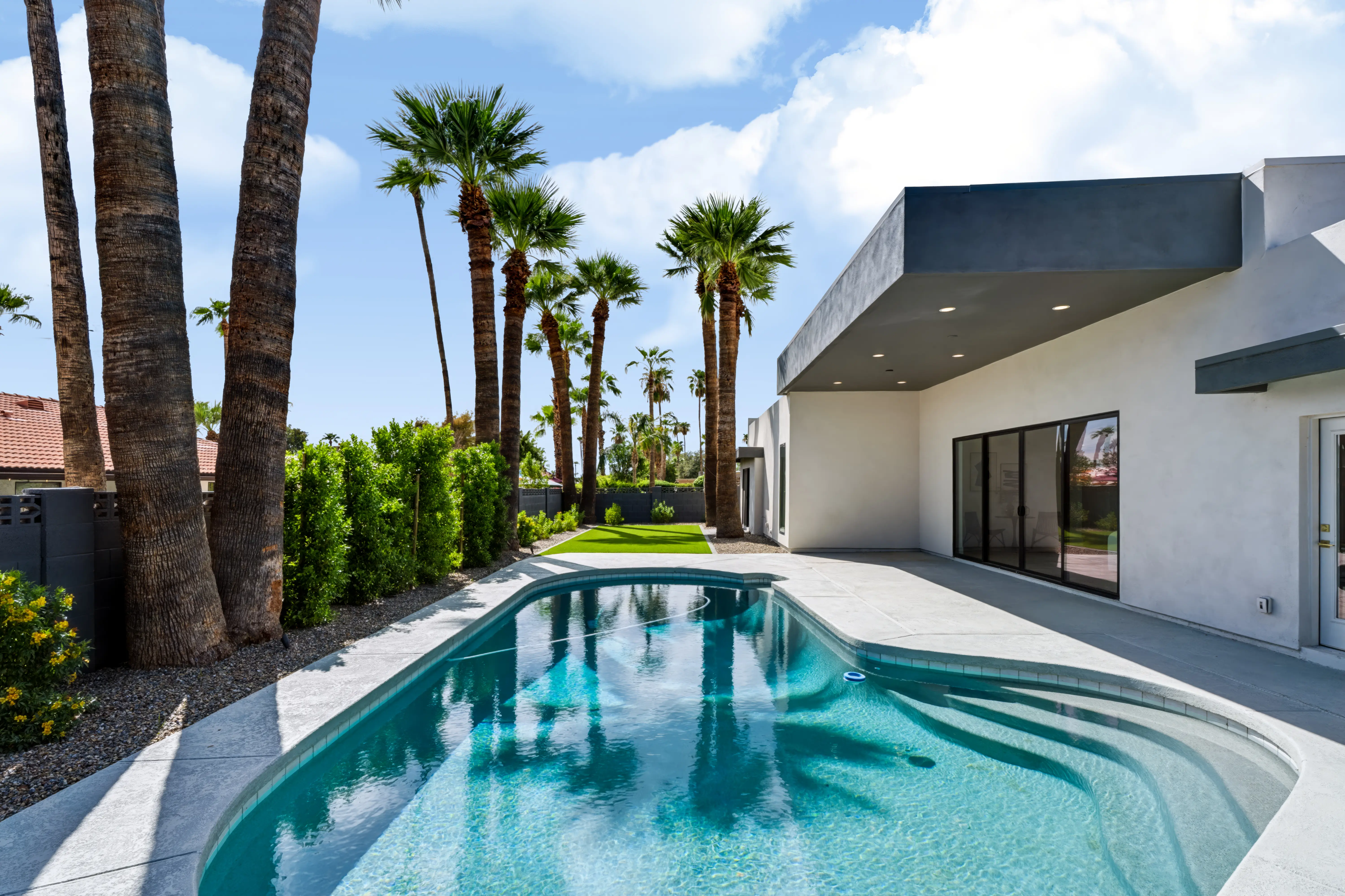 Backyard with a freeform pool, a covered patio under a dark fascia and mature palms along the block wall