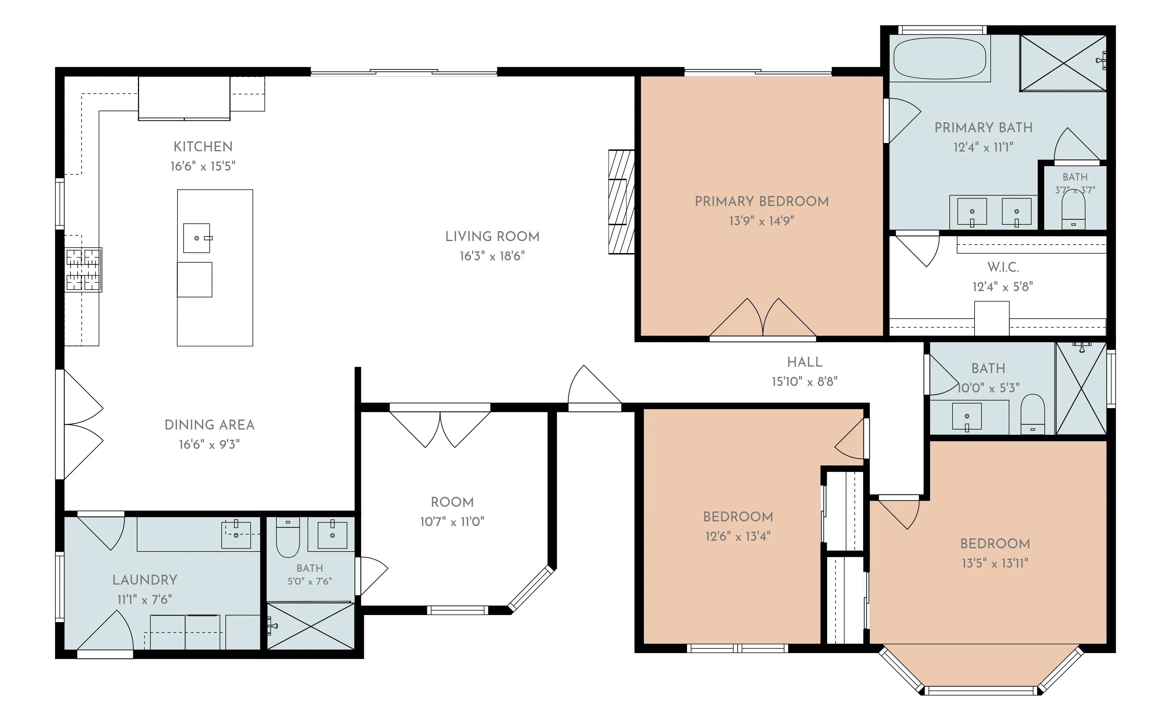 A 2D floor plan with labeled room dimensions for a three-bedroom single-story home