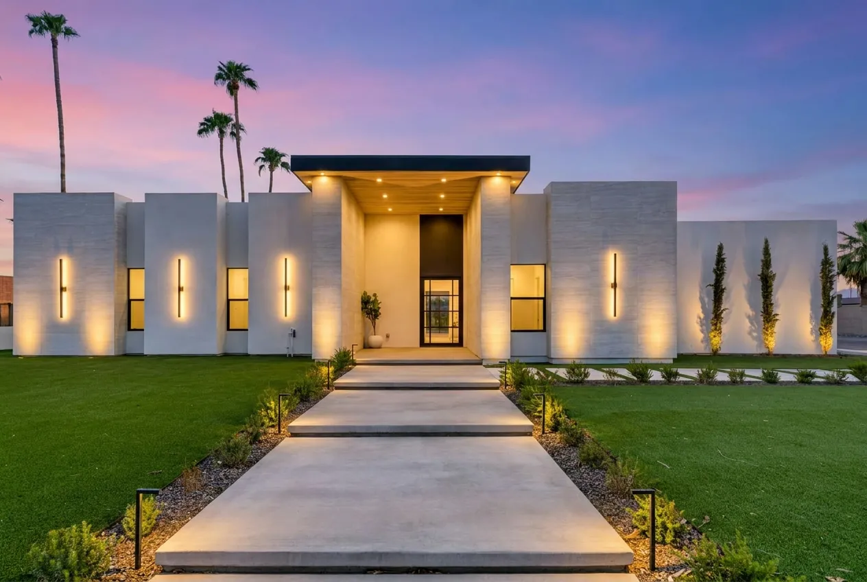 A single-story Phoenix-area home at dusk with warm interior lights on and a lit walkway to the door
