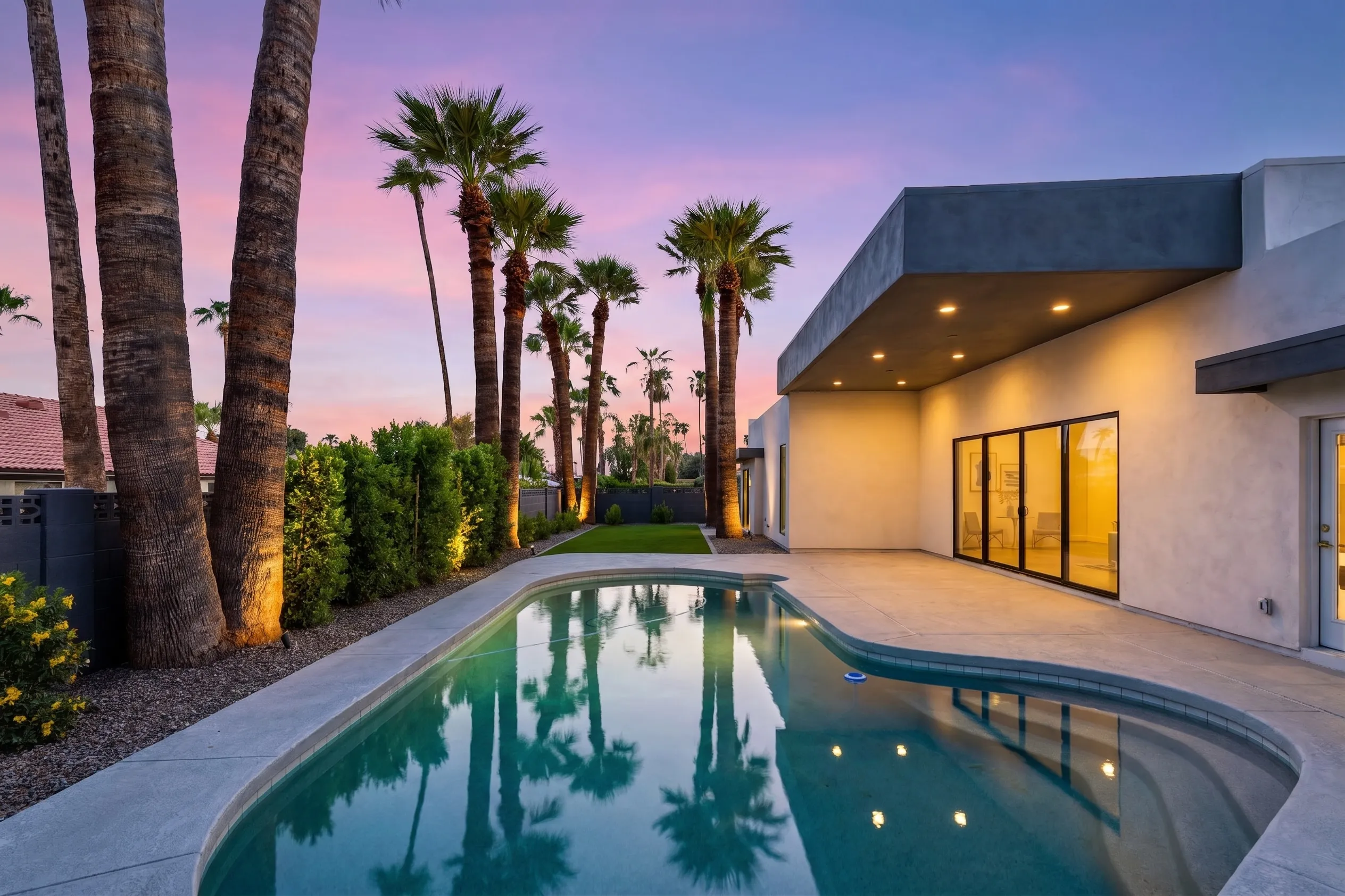 Backyard at twilight from beneath the palms, uplighting on the trunks and the pool glowing against a pink sky